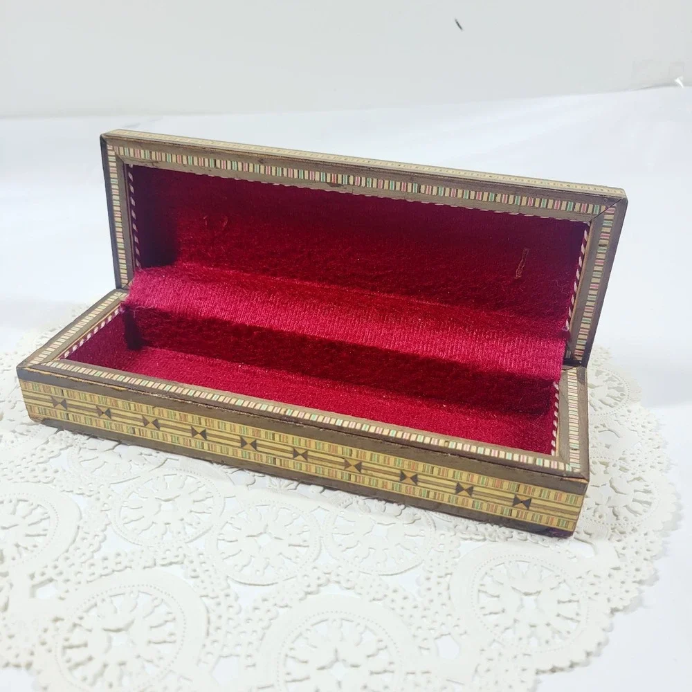 Middle Eastern Marquetry Mosaic Inlaid Wood Box Jewelry Pens Trinkets